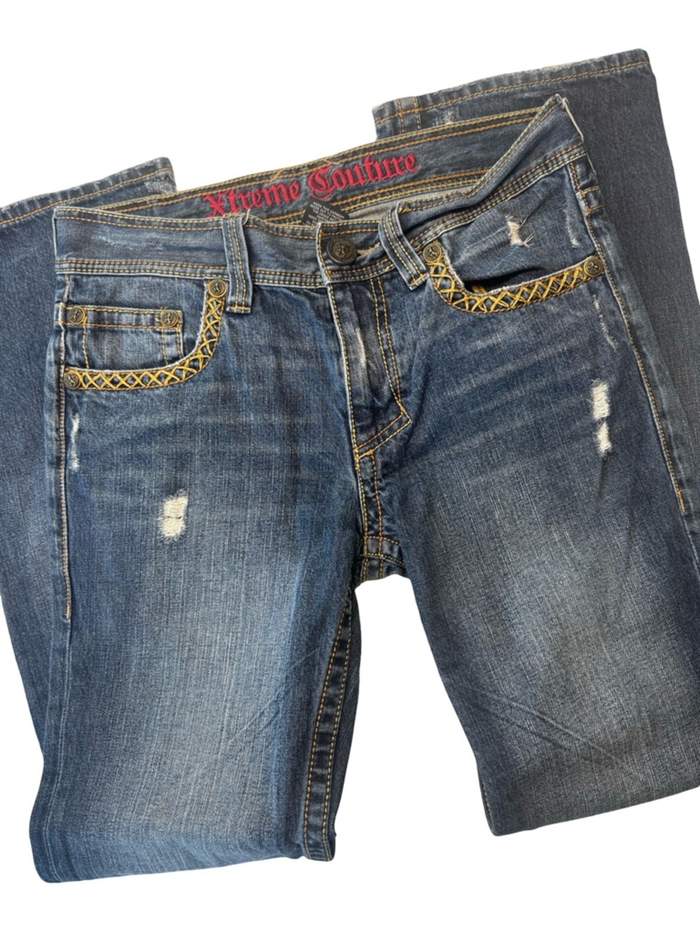 Xtreme Couture Men's Straight Jeans in Blue with Gold Stitching